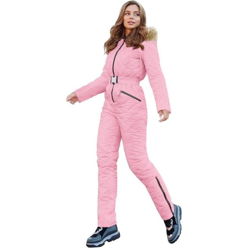 Yousify Womens One Piece Ski Snowsuit Jumpsuit Pink Hooded Faux Fur Puffer XXL